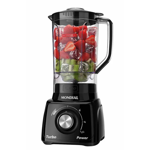 Mondial L-99-FB preto com jarra e ingredientes ilustrando um preparo; não é teste próprio.