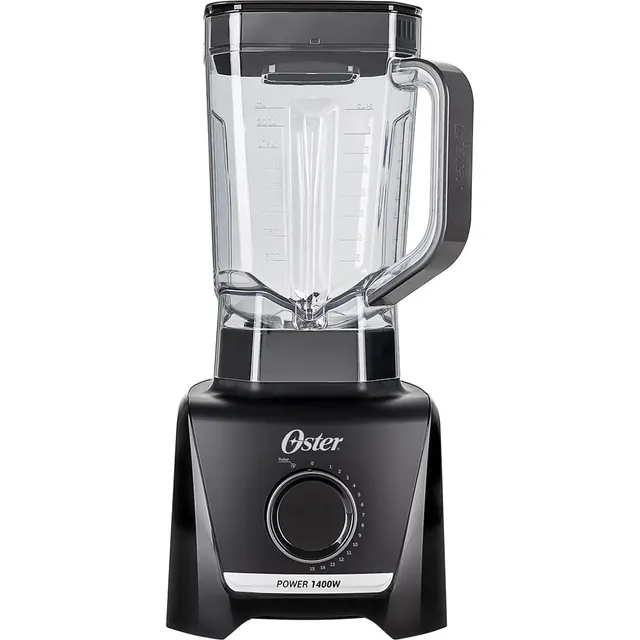Oster OLIQ610 preto com jarra transparente e seletor frontal de velocidades.