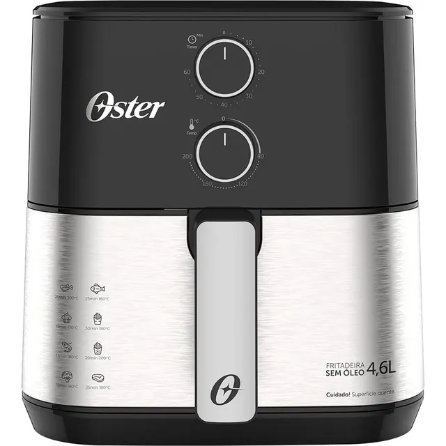Oster Fritadeira Inox Compact 4,6L — OFRT520-127 — inox e preto; foto não identifica tensão