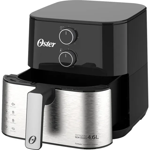 Oster Fritadeira Inox Compact 4,6L — OFRT520-127 — inox e preto; foto não identifica tensão, outro ângulo