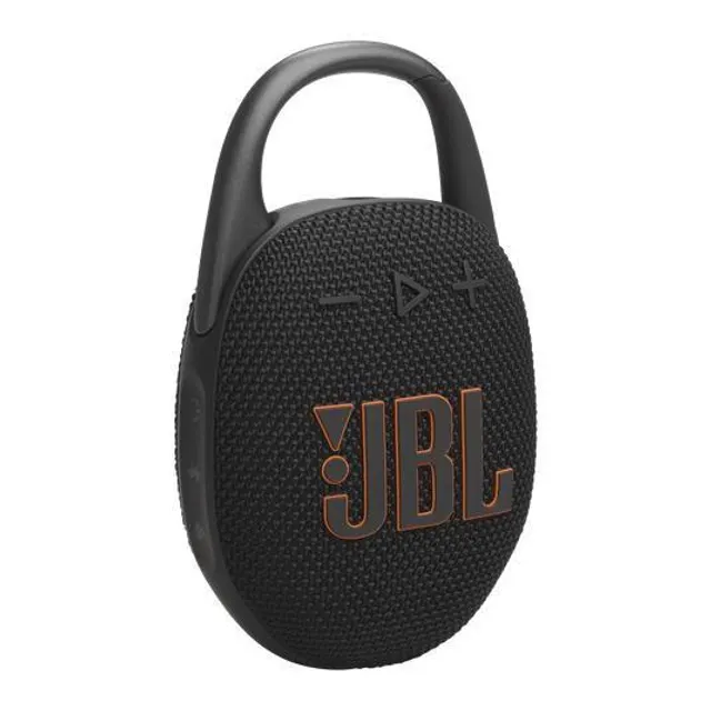 JBL Clip 5 preta, com mosquetão integrado e botões na parte superior.