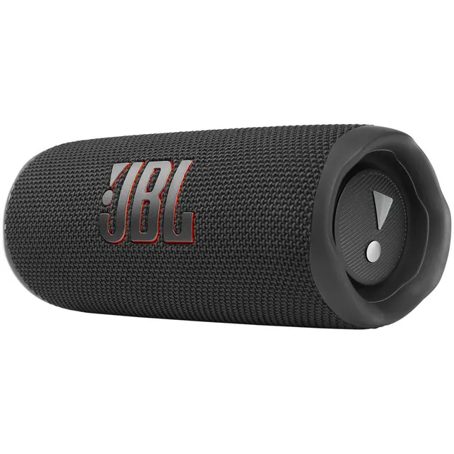 JBL Flip 6 preta em vista lateral, com extremidade do radiador visível.