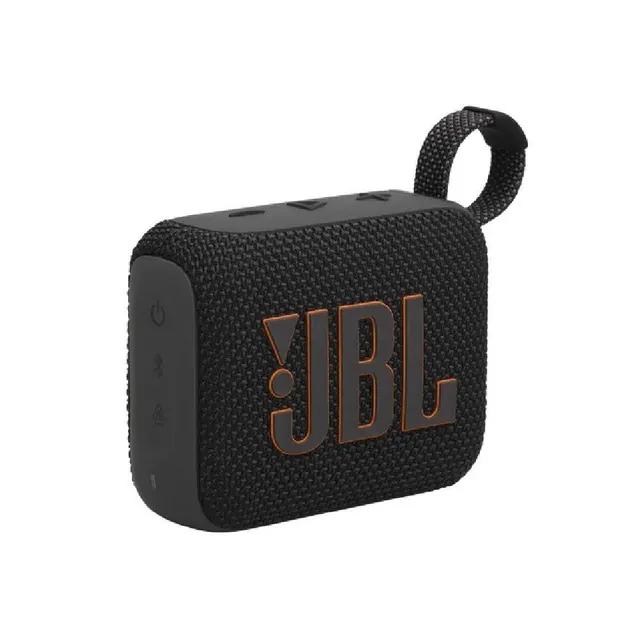 JBL Go 4 preta, com alça e botões na parte superior.